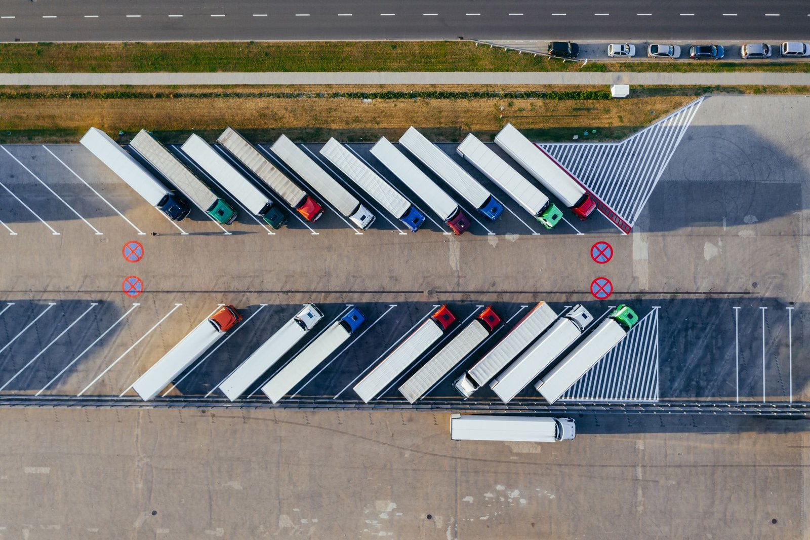 Aerial view of a commercial truck fleet yard